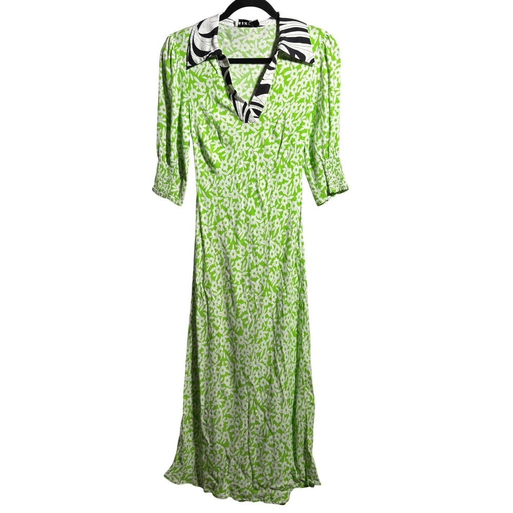 RIXO London Mia Dress Green Retro Micro Floral Swirl Size 2 Shirt Dress - Picture 3 of 11